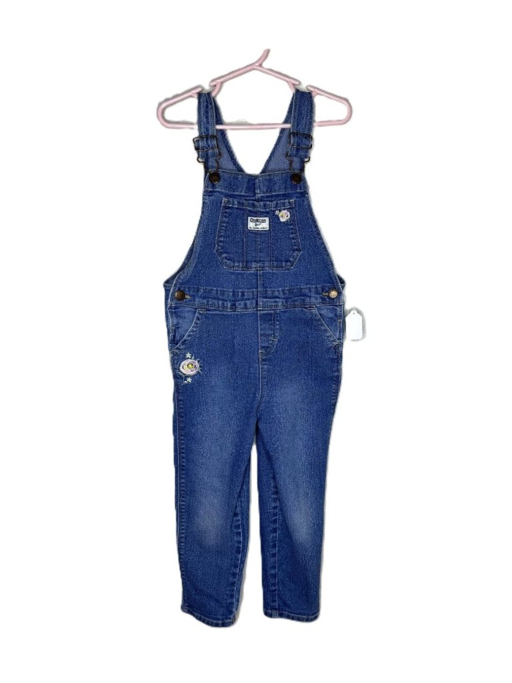 Vintage 90s Y2K Toddler Girl OshKosh Denim Bib Overalls, Flower Appliques, 5T
